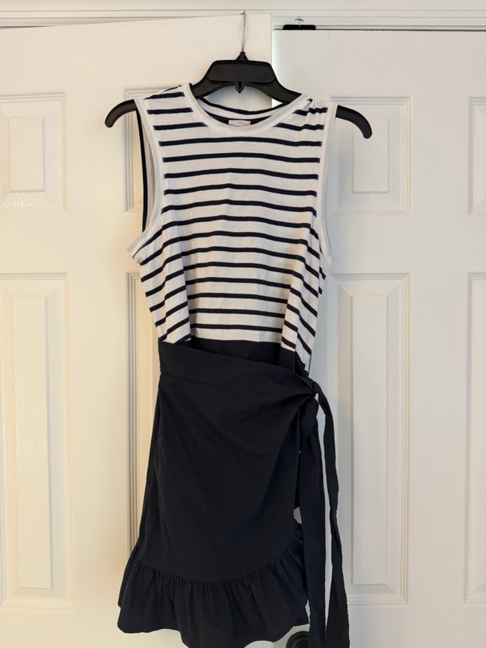 5a7 Cinq a Sept Striped White & Black Sleeveless Dress with Wrap Skirt